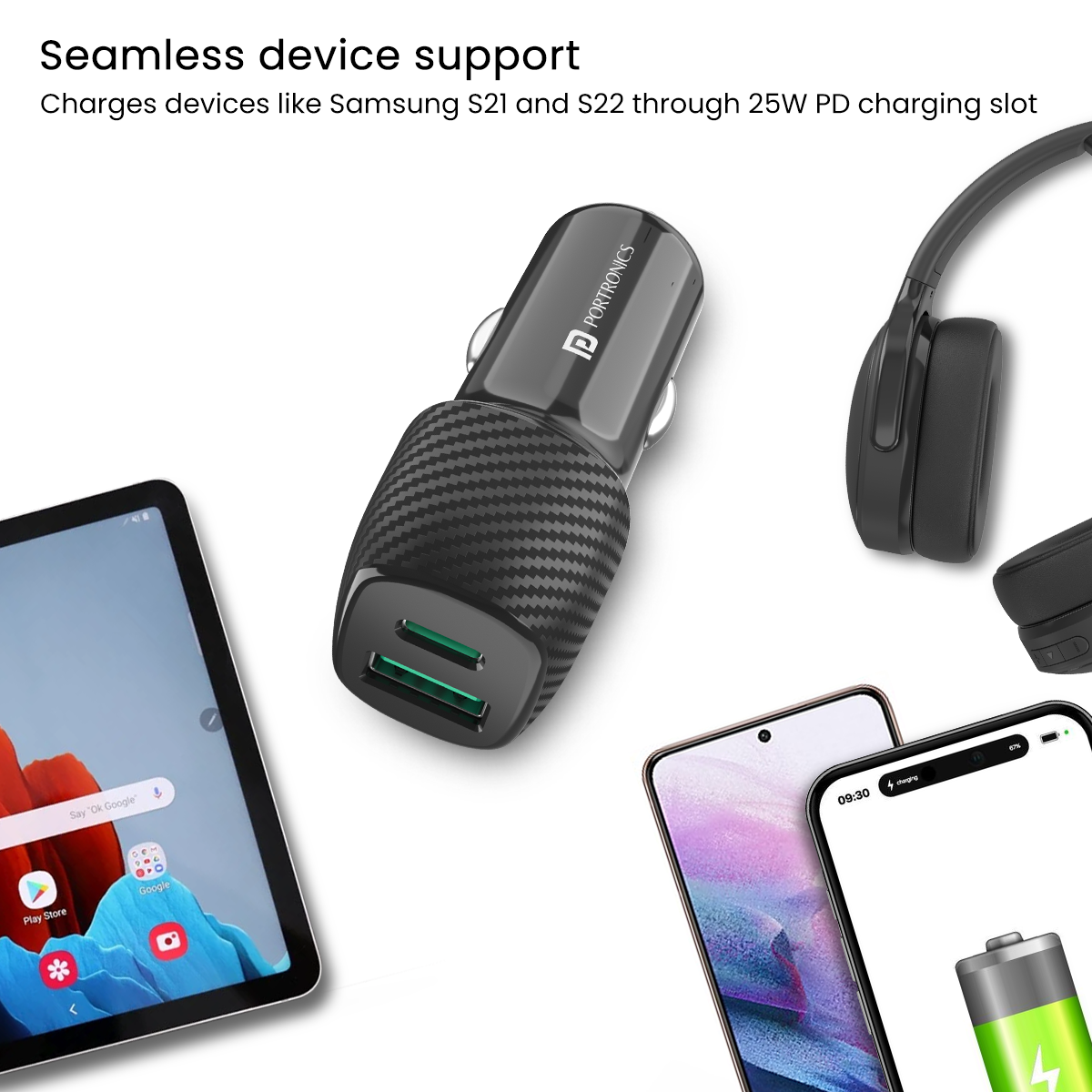 PORTRONICS-Car Charger With Dual Output (Pd + Quick Charger)