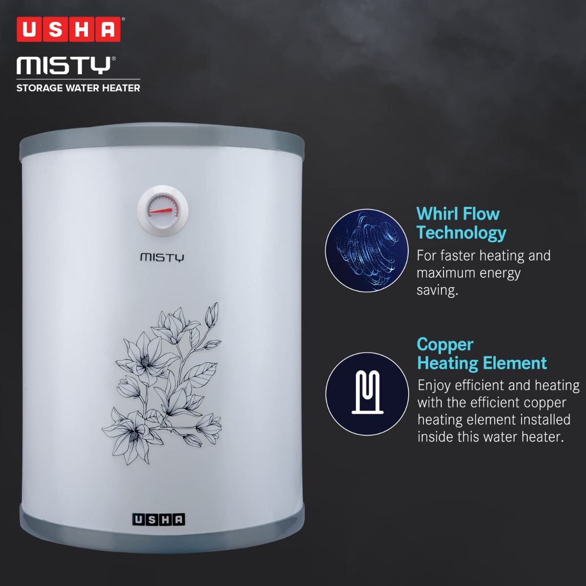 Usha Misty 25 Ltr 2000-Watt 5 Star Storage Water Heater (Grey Magnolia)