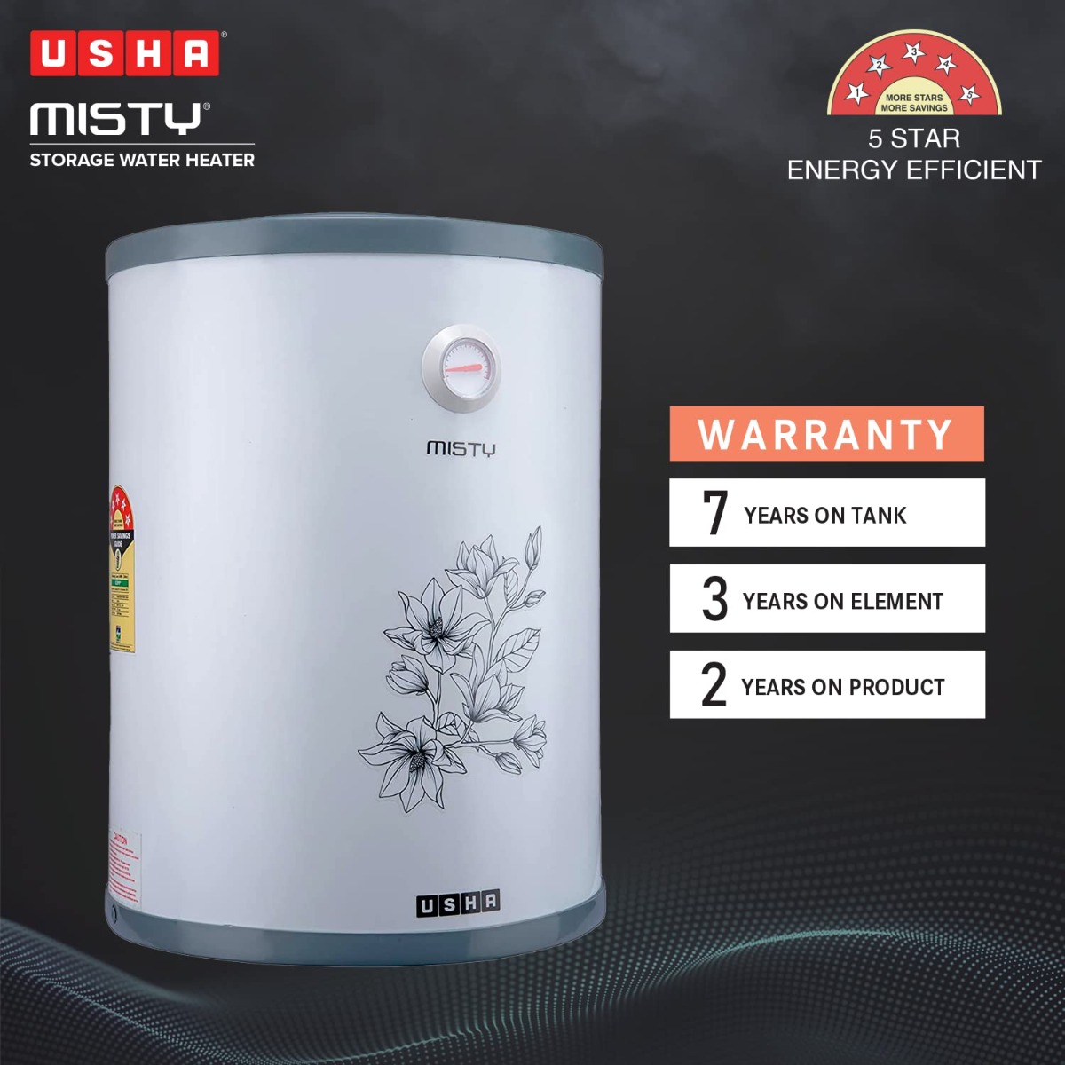 Usha Misty 25 Ltr 2000-Watt 5 Star Storage Water Heater (Grey Magnolia)